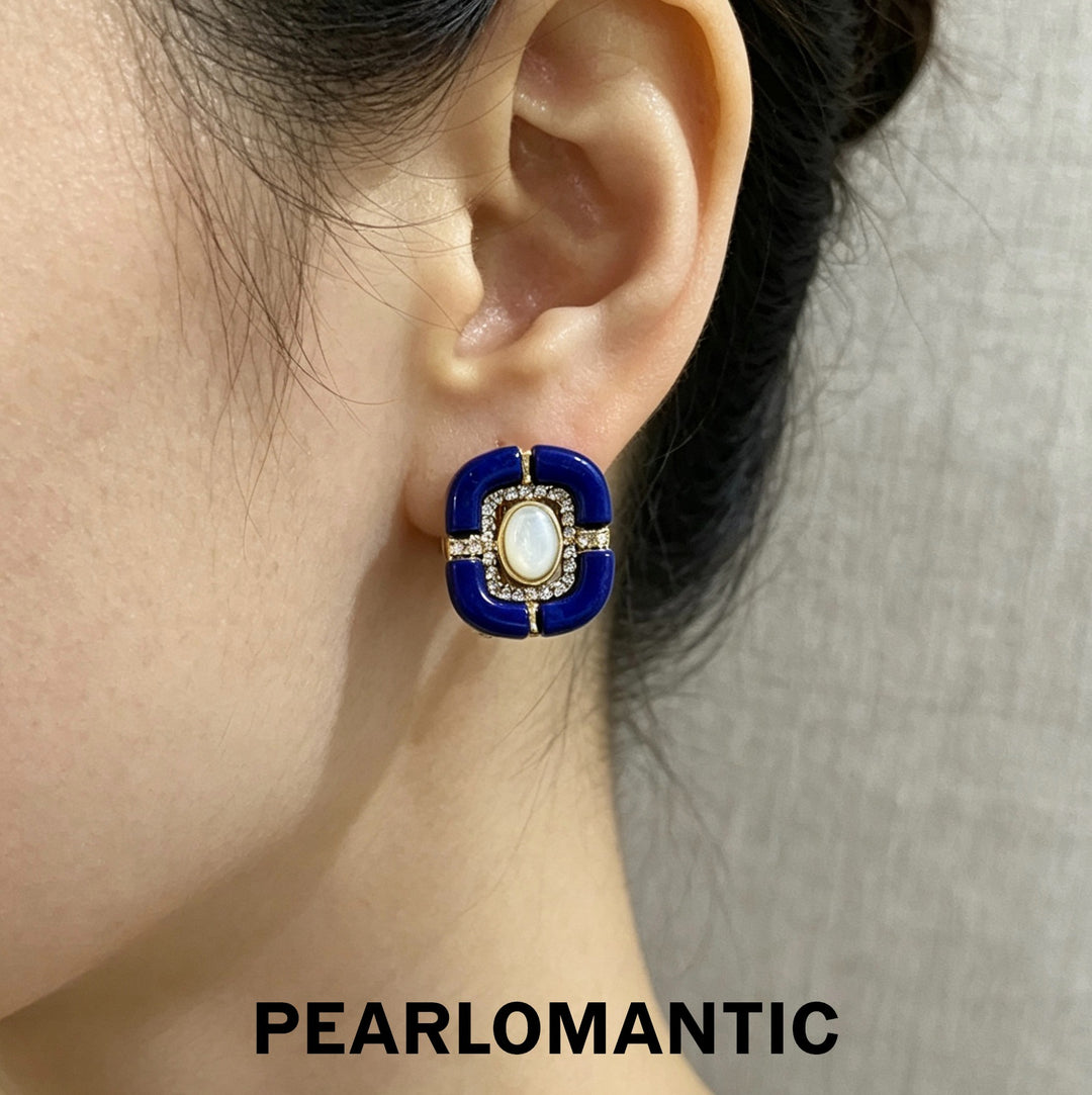 [618 Sale] Natural Lapis Lazuli Blue Frame MOP Stud Earrings w/ S925 Silver