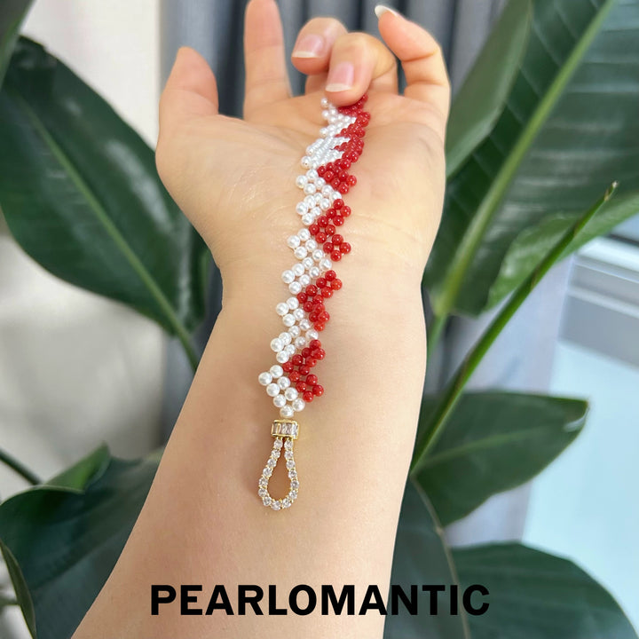 [Designer's Chioce] Freshwater Pearl & Red Coral Heart-Pattern S925 Silver Bracelets