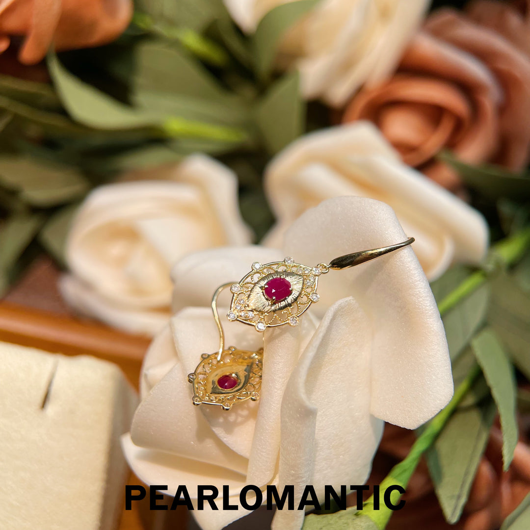 [Fine Jewelry] 18k Gold & Ruby & Diamonds Vintage Filigree Drop Earrings