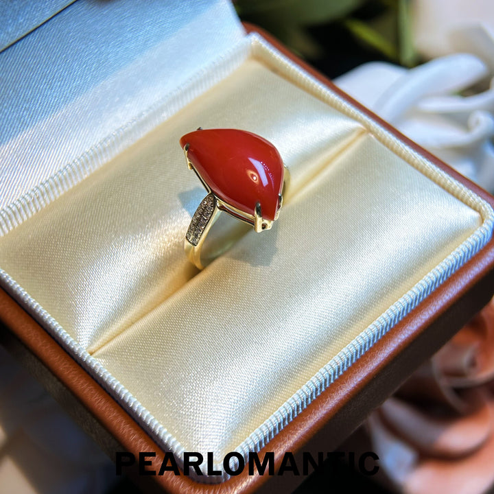 [Fine Jewelry] Red Coral Big Size 6.26ct Unique Design Ring w/ 14k Gold & Diamonds