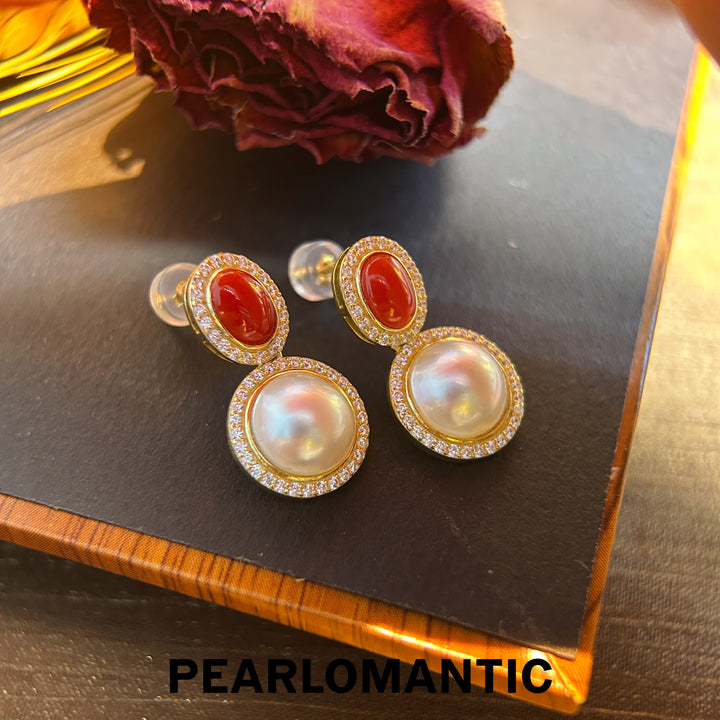[Designer's Choice] Aka Coral 1.6ct & Saltwater Mabe Pearl Earring Studs