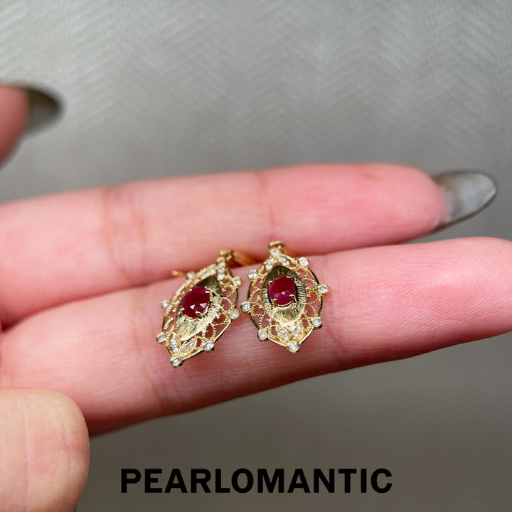 [Fine Jewelry] 18k Gold & Ruby & Diamonds Vintage Filigree Drop Earrings