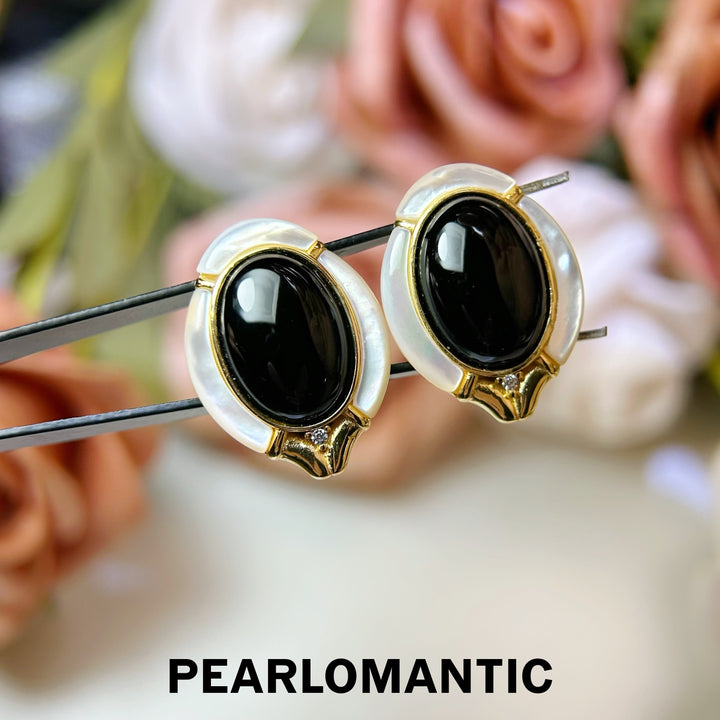 [618 Sale] Black Agate White MOP Oval Frame Earrings w/ S925 Silver