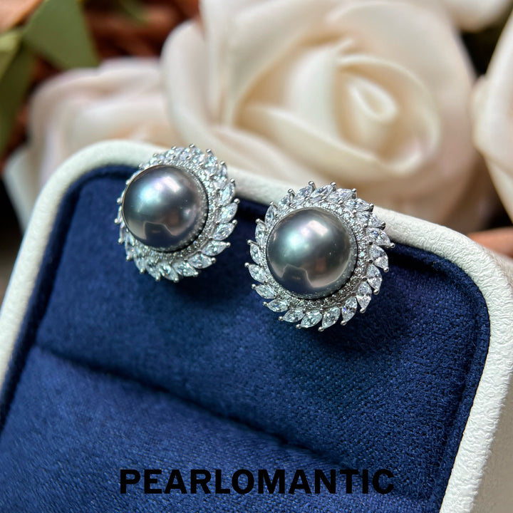 [Designer’s Choice] Moon Halo 10–11mm 4A Tahitian Pearl Platinum Gray S925 Gold-Plated Stud Earrings