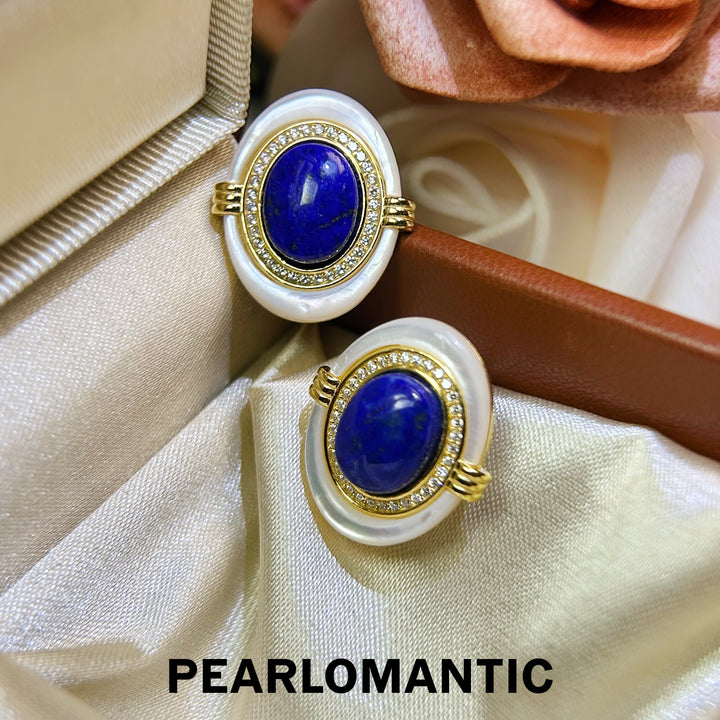 [618 Sale] Royal Blue Lapis MOP Oval Halo Earrings w/ S925 Silver