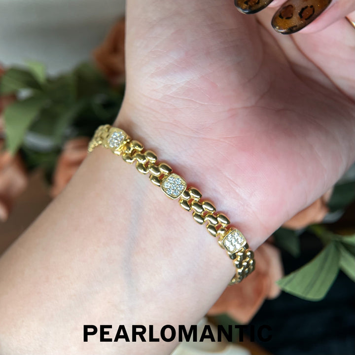[618 Sale] Italy Made S925 Gold Plated Link Bracelet w/ Sparkling Square Stations