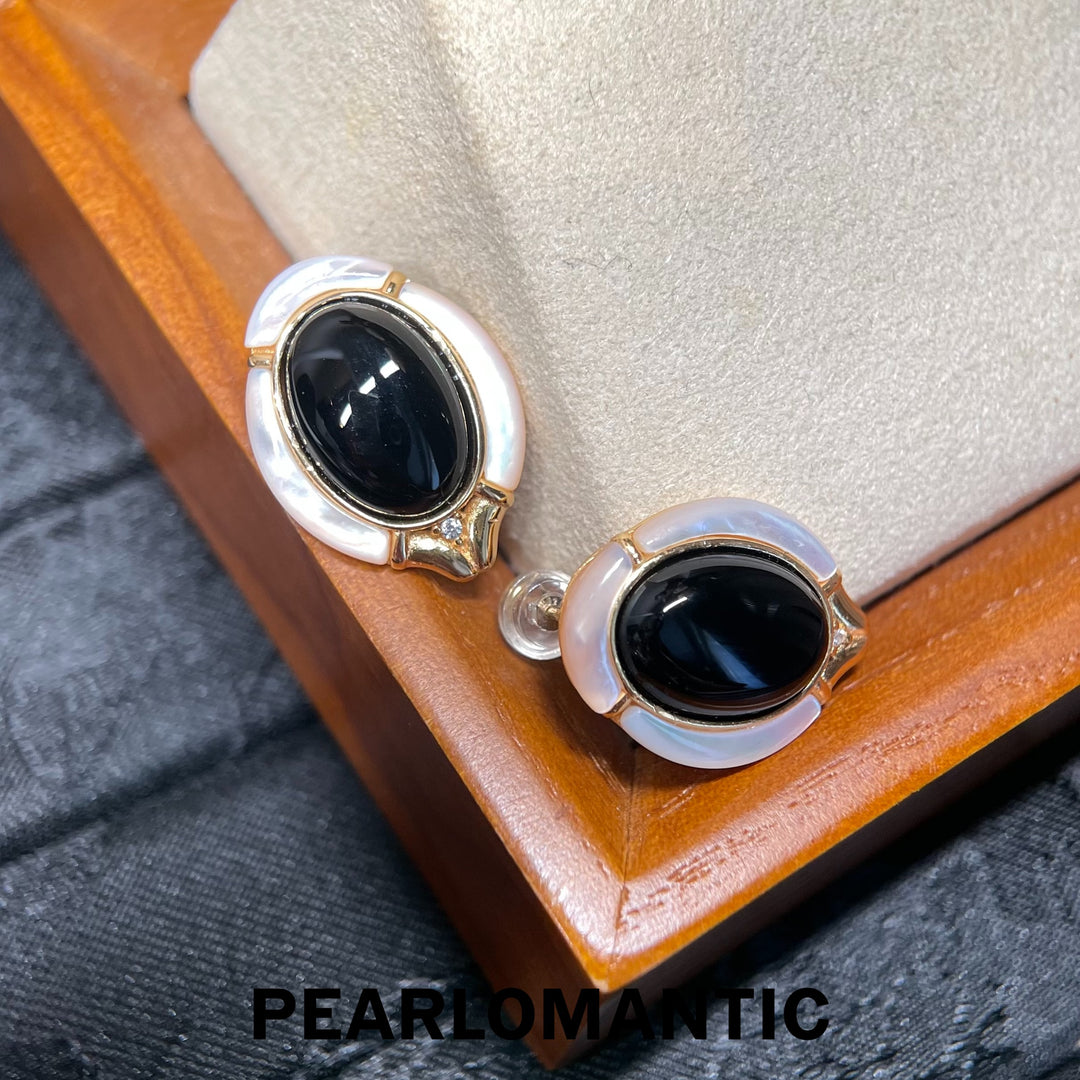 [618 Sale] Black Agate White MOP Oval Frame Earrings w/ S925 Silver