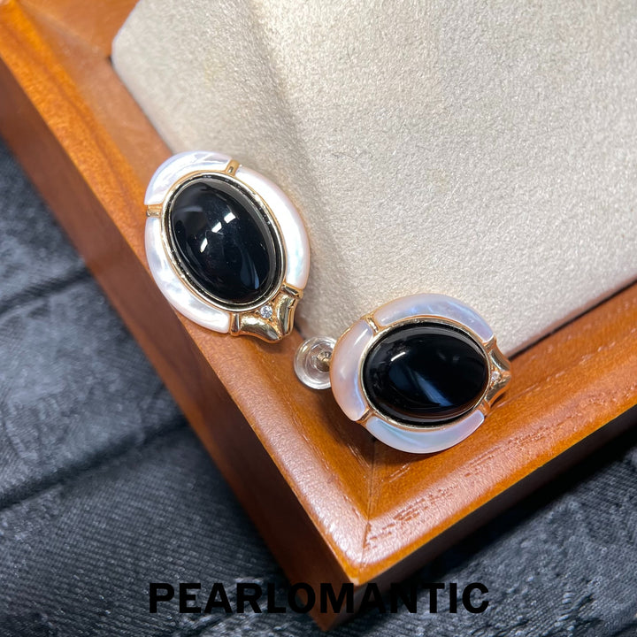 [618 Sale] Black Agate White MOP Oval Frame Earrings w/ S925 Silver