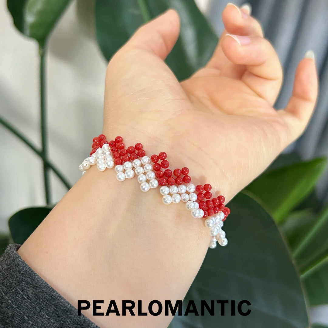 [Designer's Chioce] Freshwater Pearl & Red Coral Heart-Pattern S925 Silver Bracelets