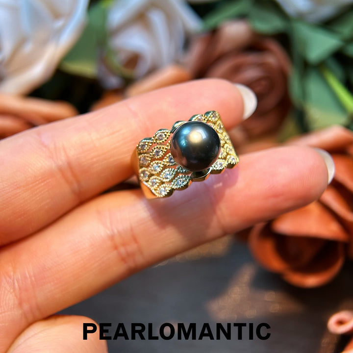 [Designer's Choice] Tahitian Black Pearl Vintage Engraved S925 Silver Adjustable Rings