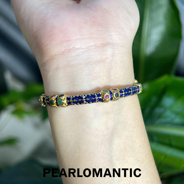 [Designer’s Choice] Royal Azure S925 Gold-Plated Blue Enamel &amp; Multicolor Gemstone Bangle