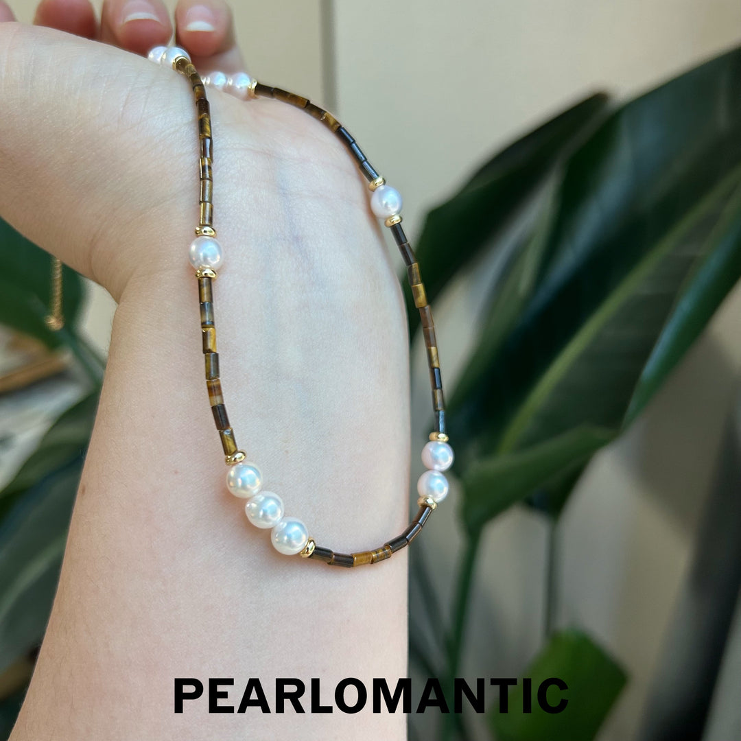[Designer's Choice] Akoya Pearl & Tiger Eye Striped Luster Necklace Adjustable w/ S925 Silver