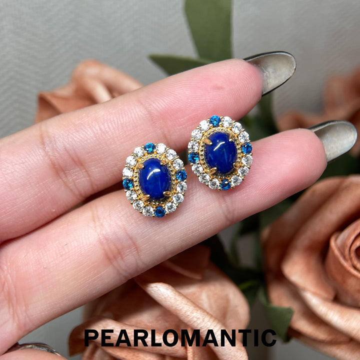 [618 Sale] Natural Lapis Lazuli Vintage Halo Stud Earrings w/ S925 Silver