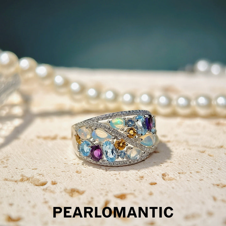 [618 Sale] Natural Opal Multi Gem Wide Band Ring w/ S925 Silver