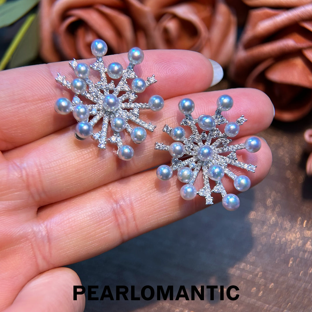 [Everyday Essentials] Akoya Pearl Silver Blue Snowflake Fireworks Earring Studs