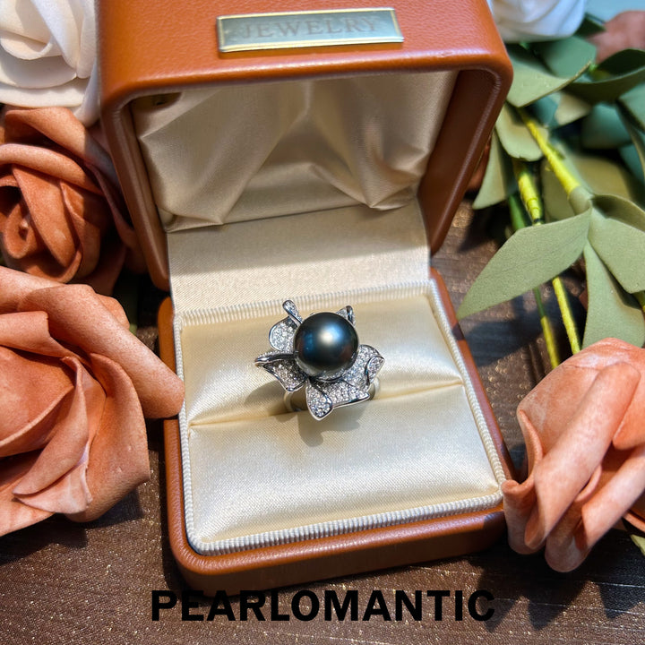 [Designer's Choice] Tahitian Black Pearl Floral Sparkle 12.5mm Adjustable Silver Ring