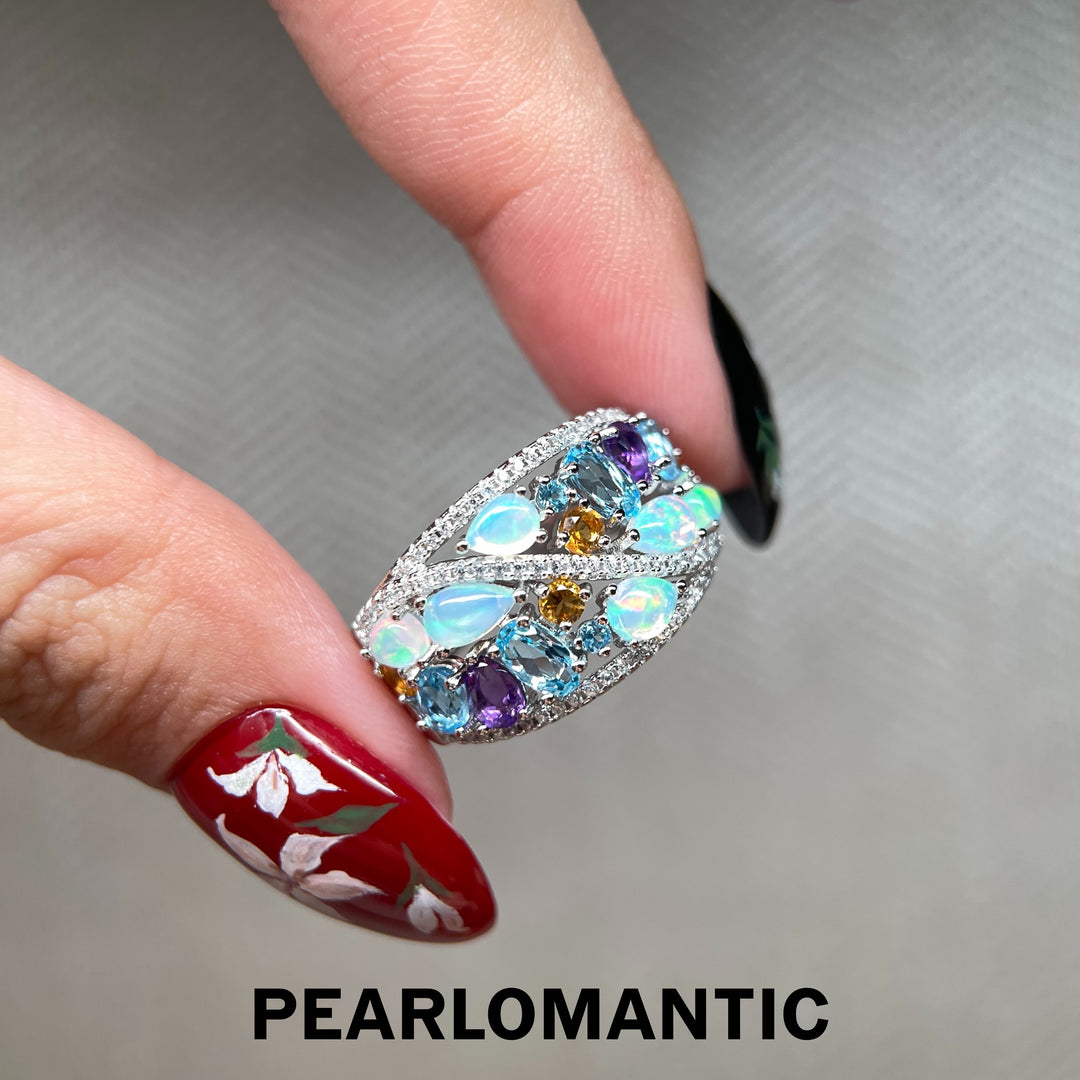 [618 Sale] Natural Opal Multi Gem Wide Band Ring w/ S925 Silver