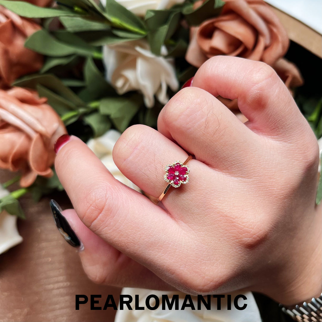 [Fine Jewelry] 18k Gold Ruby Floral Versatile Beauty Ring with Sparkling Diamonds