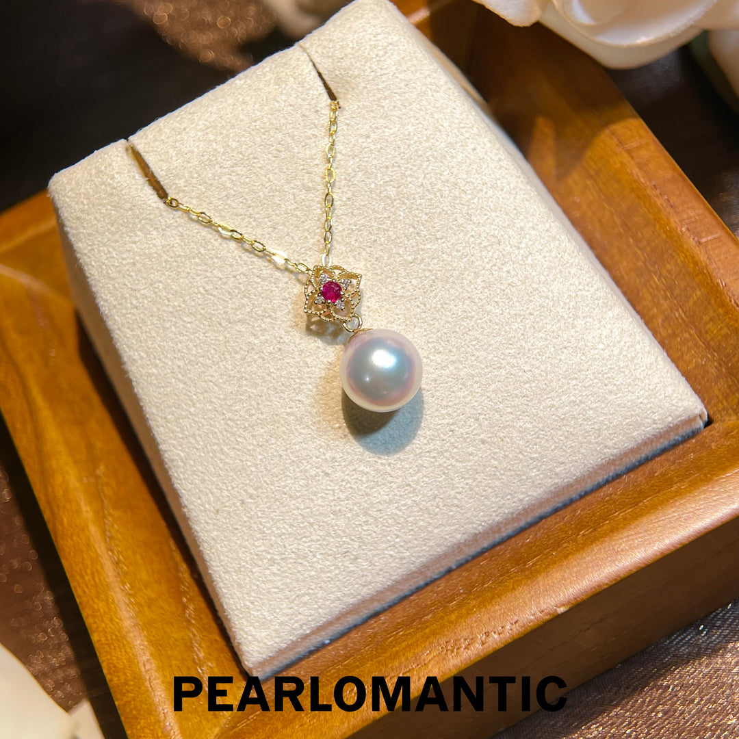 [Fine Jewelry] 18k Gold & Ruby & Diamond & Akoya Pearl 8-8.5mm Excellent Luster Pendants