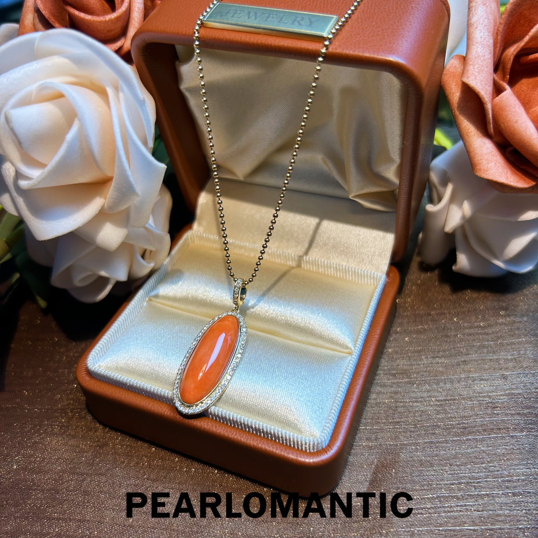 [Fine Jewelry] Pink Coral Big 7.95ct Oval Shape All-purpose Pendants w/ 14k Gold & Diamonds