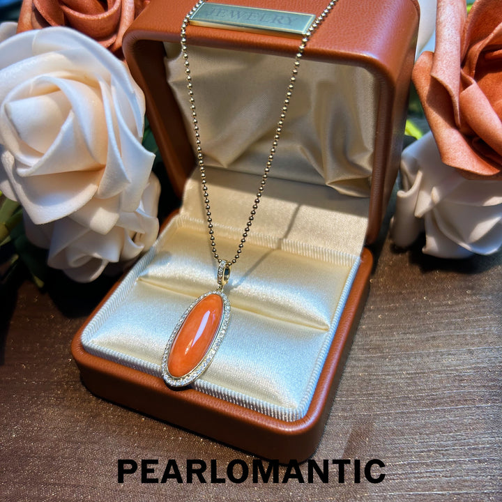 [Fine Jewelry] Pink Coral Big 7.95ct Oval Shape All-purpose Pendants w/ 14k Gold & Diamonds