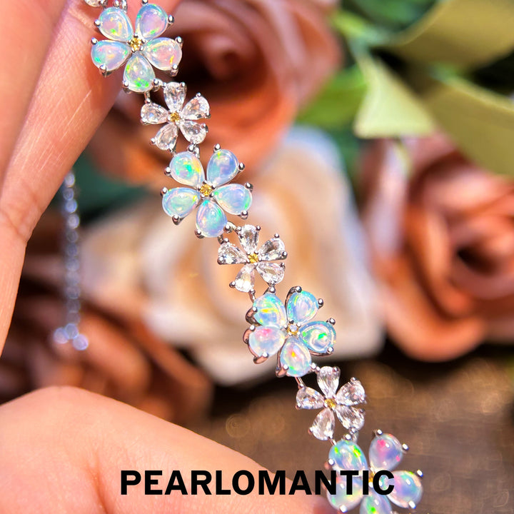 [Designer's Choice] Iridescent Opal & Rock Crystal Floral Bloom S925 Adjustable Bracelet