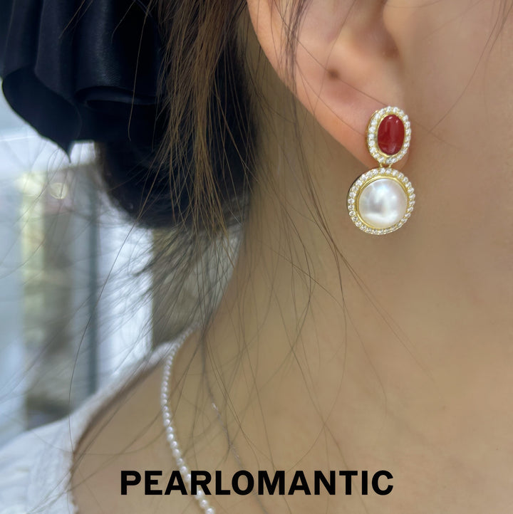 [Designer's Choice] Aka Coral 1.6ct & Saltwater Mabe Pearl Earring Studs