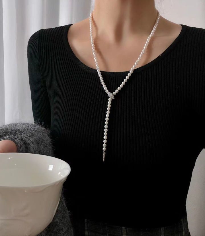 [Everyday Essentials] Freshwater Pearl Silver Serpent Elegance Sweater Chain Necklace