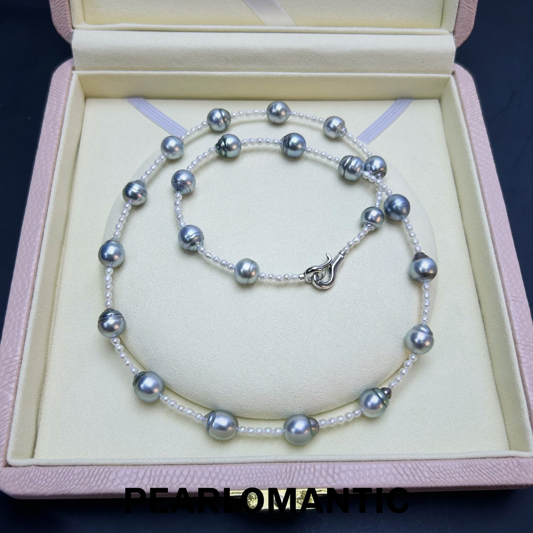 [Fine Jewelry] Tahitian Black 8-10mm Baroque Pearl Platinum Gray + Freshwater 3-4mm Pearl Necklace