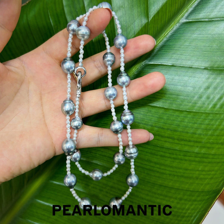 [Fine Jewelry] Tahitian Black 8-10mm Baroque Pearl Platinum Gray + Freshwater 3-4mm Pearl Necklace