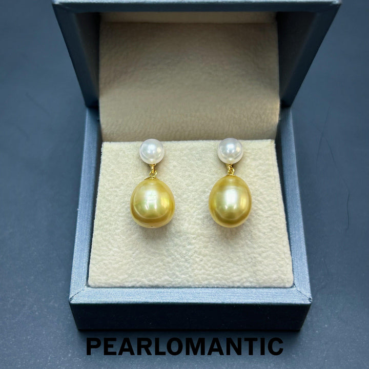 [Fine Jewelry] 6mm Akoya + 11*14mm South Sea Golden Baroque Pearl Earring Drop w/ 18k Gold