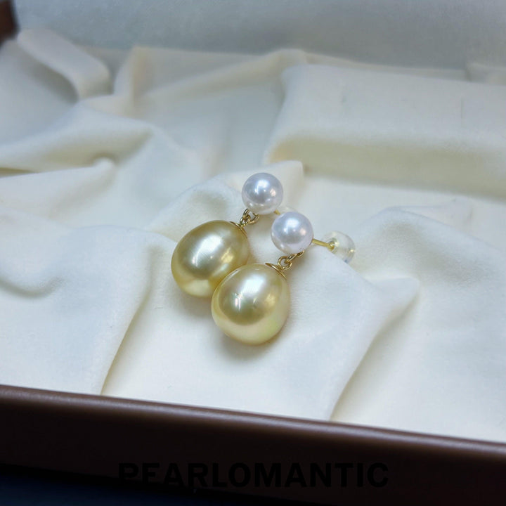 [Fine Jewelry] 6mm Akoya + 11*14mm South Sea Golden Baroque Pearl Earring Drop w/ 18k Gold