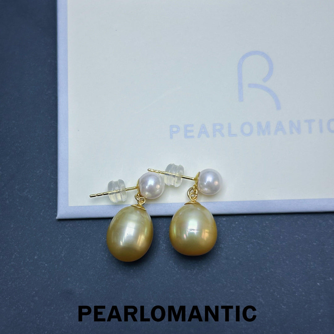 [Fine Jewelry] 6mm Akoya + 11*14mm South Sea Golden Baroque Pearl Earring Drop w/ 18k Gold