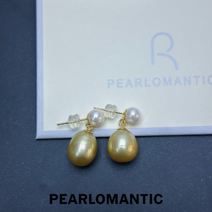 [Fine Jewelry] 6mm Akoya + 11*14mm South Sea Golden Baroque Pearl Earring Drop w/ 18k Gold