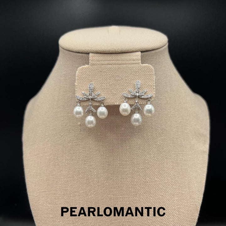 [Everyday Essentials] Plant Element with Oval Freshwater Pearl Excellent Cold Tone Luster s925 Earrings