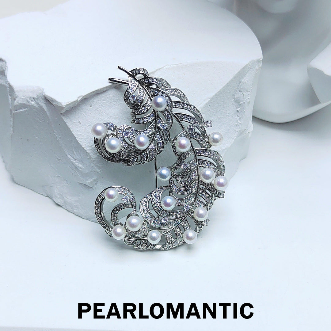 [Designer's Choice] Freshwater Pearl 3-5mm Feather Design Brooch w/ 18k Gold Plated