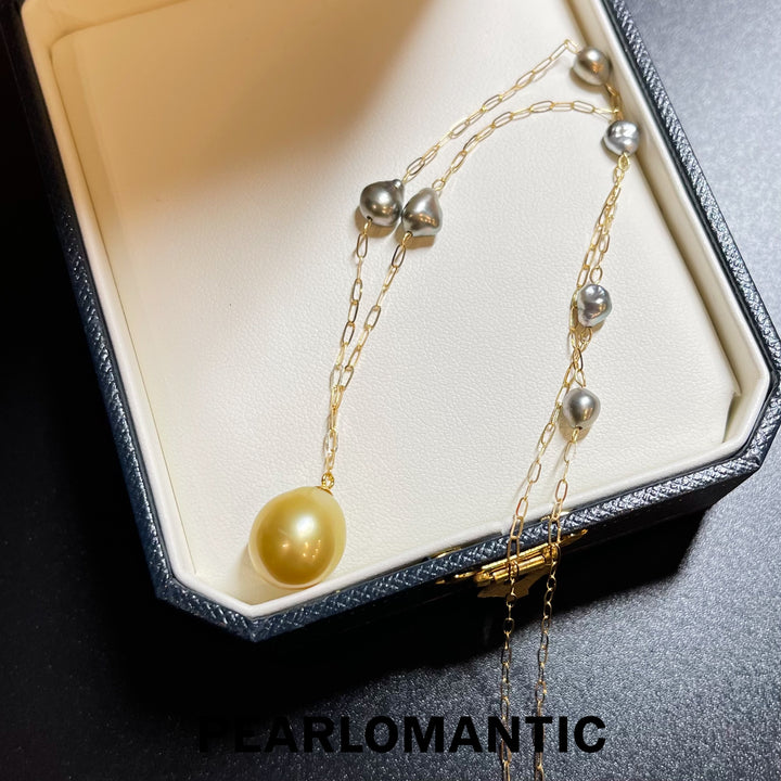 [Half Yearly Sale] Tahitian Keshi 4-5mm + South Sea Golden Baroque Pearl 11-12mm Necklace