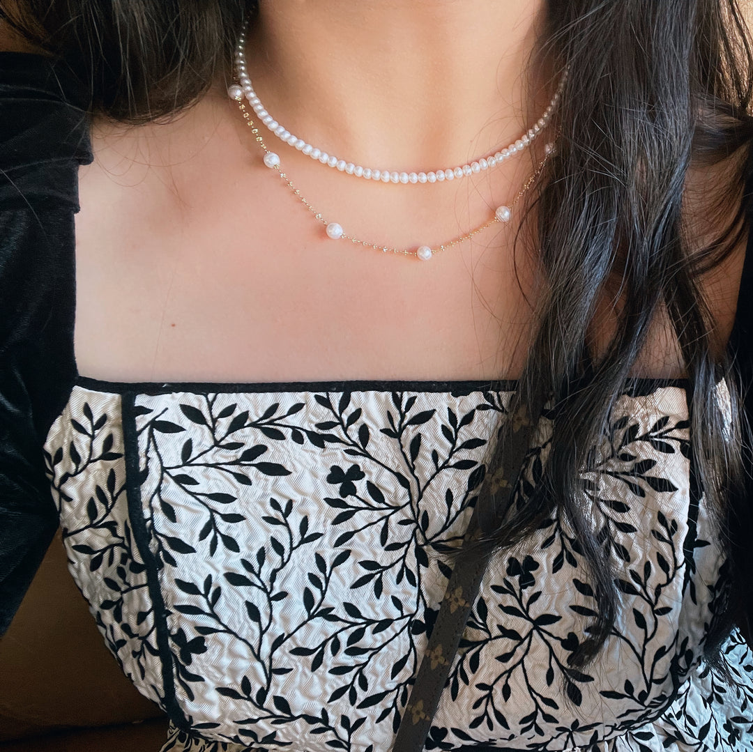 [Fine Jewelry] Japanese Akoya 5.5-6mm Spaced Design Necklace w/ 18k Italy Made Gold Chain