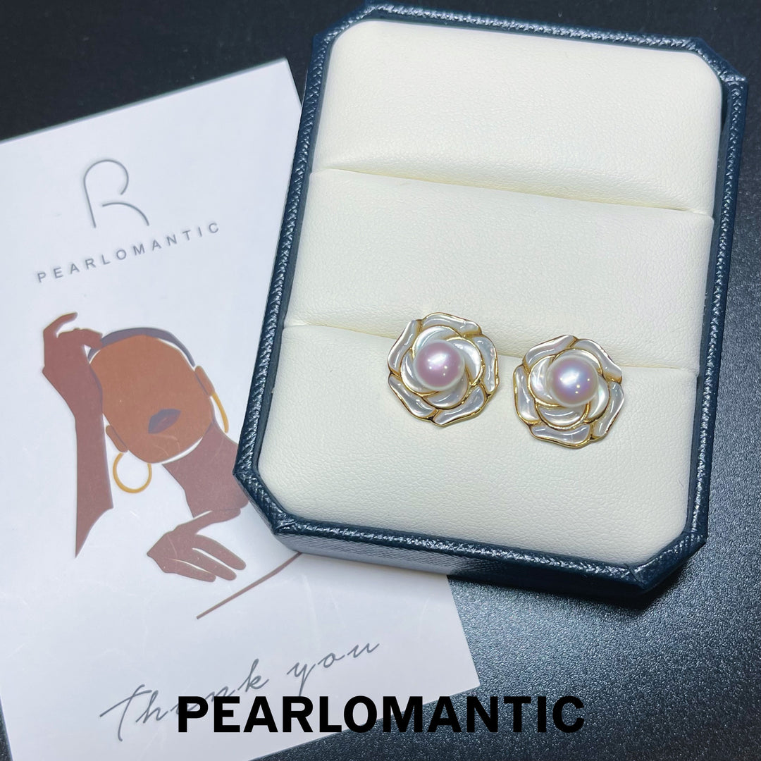 [Everyday Essentials] Freshwater Pearl 7-8mm Camellia Design Earrings w/ S925