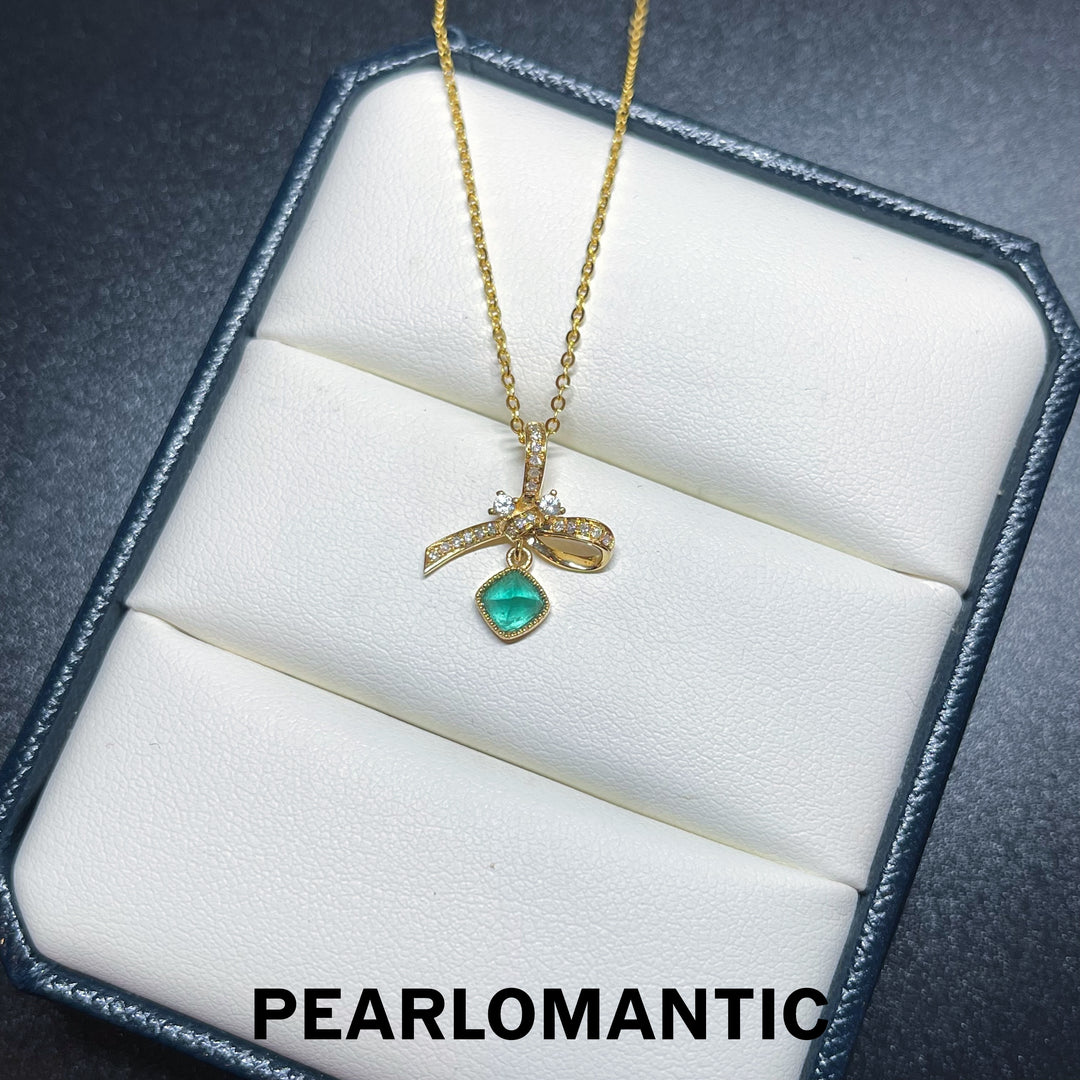 [Fine Jewerly] Emerald+White Sapphire Bow-tie Design All-Purpose Pendant w/ 18k & Diamond