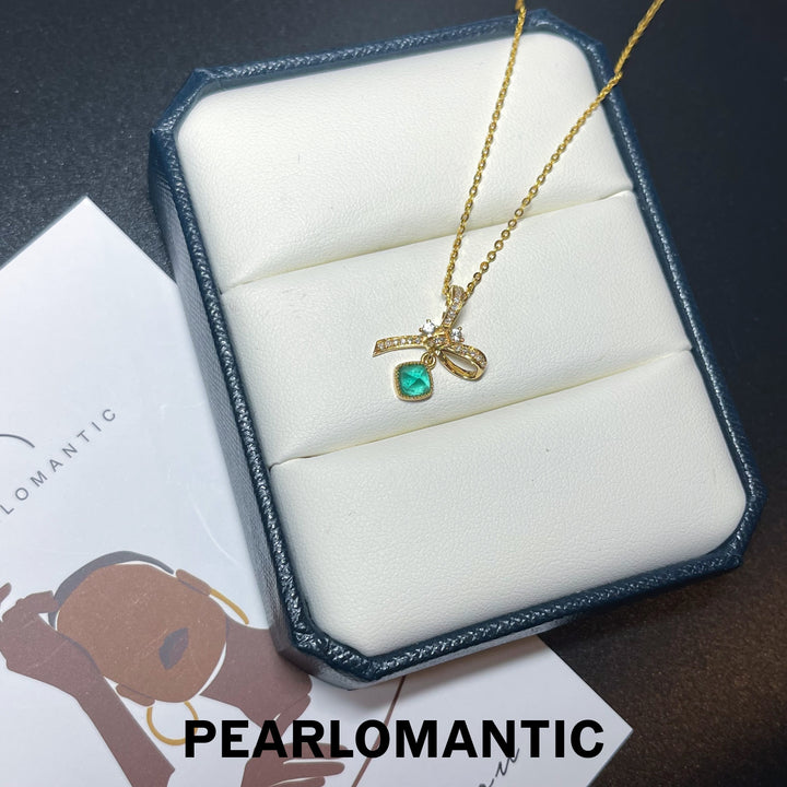 [Fine Jewerly] Emerald+White Sapphire Bow-tie Design All-Purpose Pendant w/ 18k & Diamond